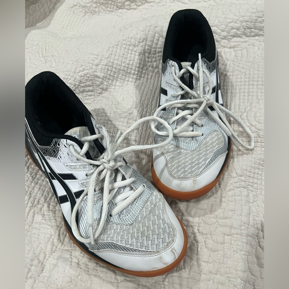 Asics White and Black Volleyball Sneakers with Tan Soles